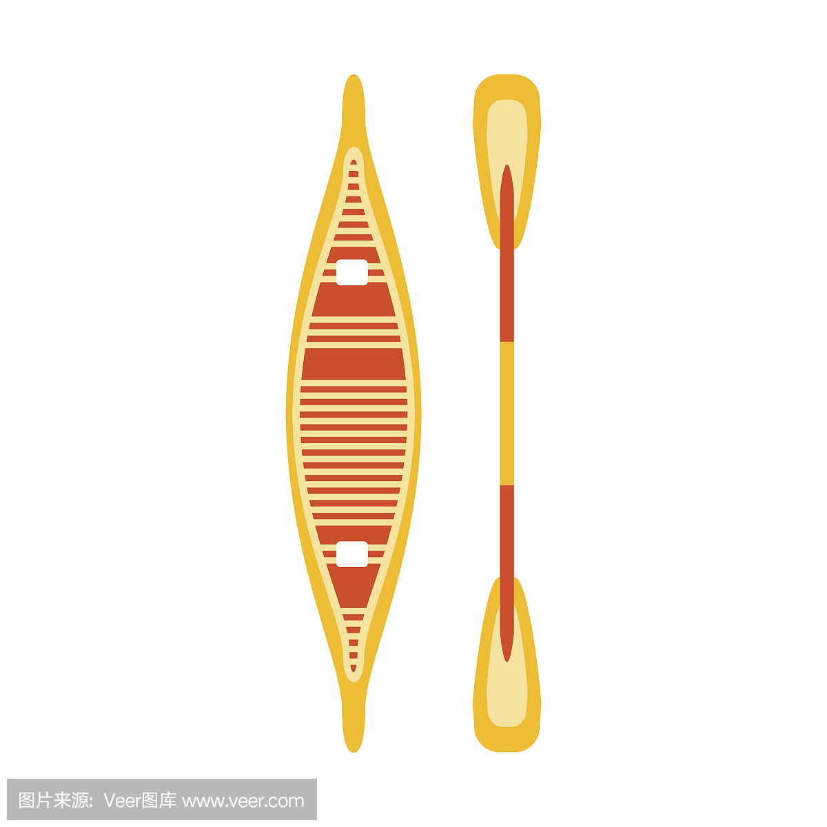 黄色和红色木制独木舟与小贩,部分的船和水运动系列简单的平面矢量插图